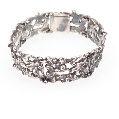 800 Silver Antique Art Deco Floral Panel Link Oxidized Bracelet 7"