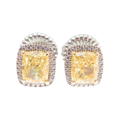 925 Sterling Silver Radiant-Cut Canary & Round-Cut White C Z Earrings