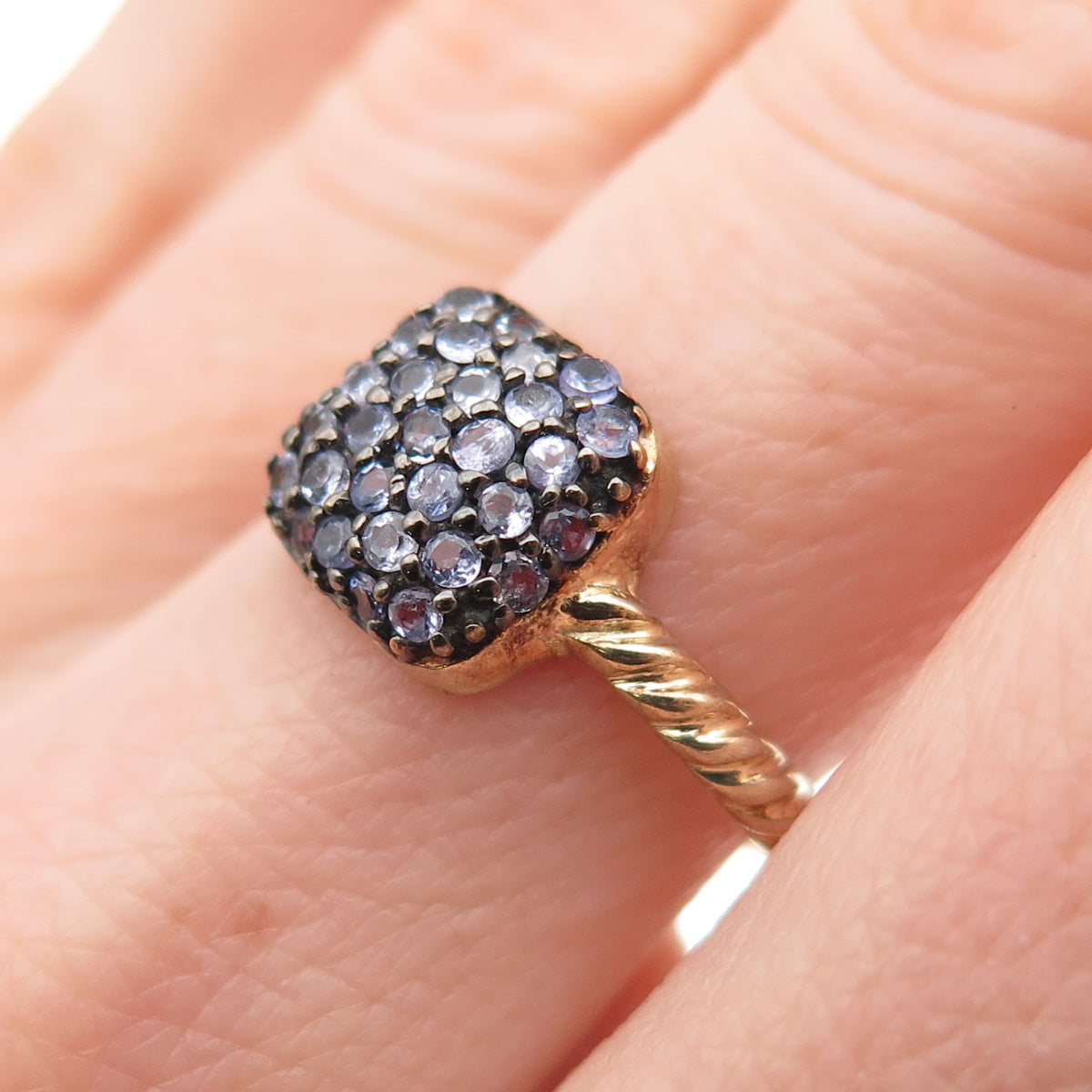 925 Sterling Silver Gold Plated Real Round-Cut Tanzanite Ring Size 6.75
