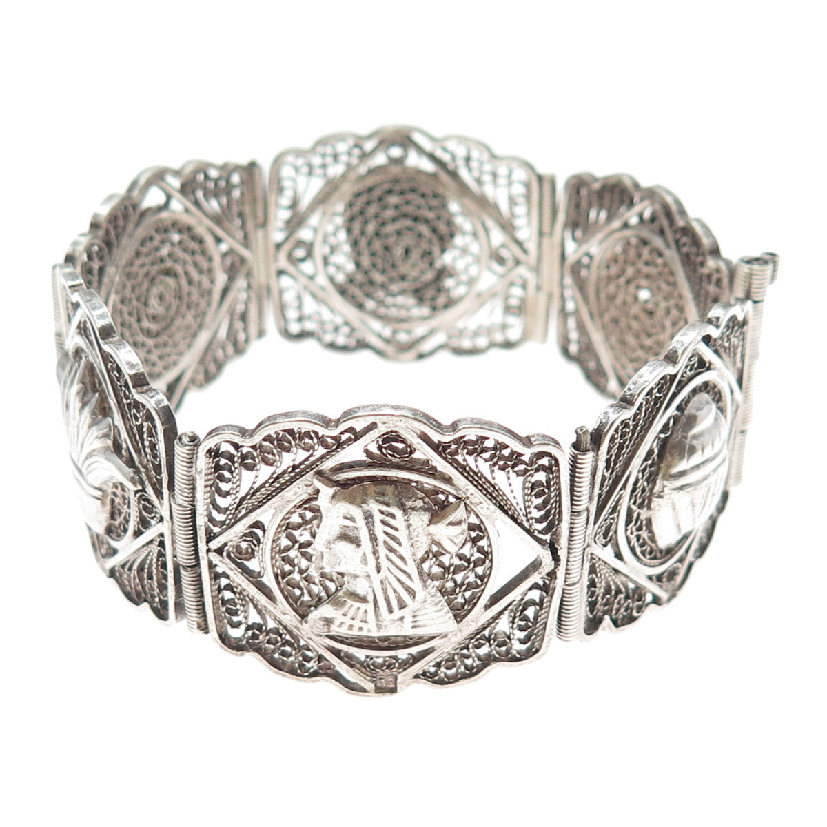 800 Silver Vintage Egyptian Symbols Filigree Oxidized Panel Link Bracelet 7.5"