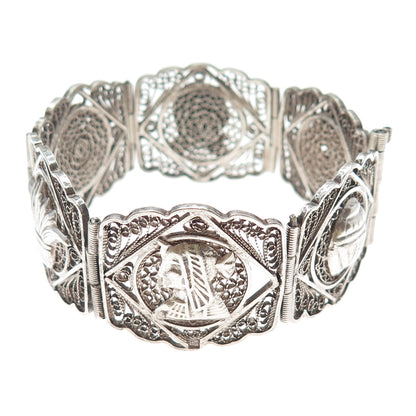 800 Silver Vintage Egyptian Symbols Filigree Oxidized Panel Link Bracelet 7.5"