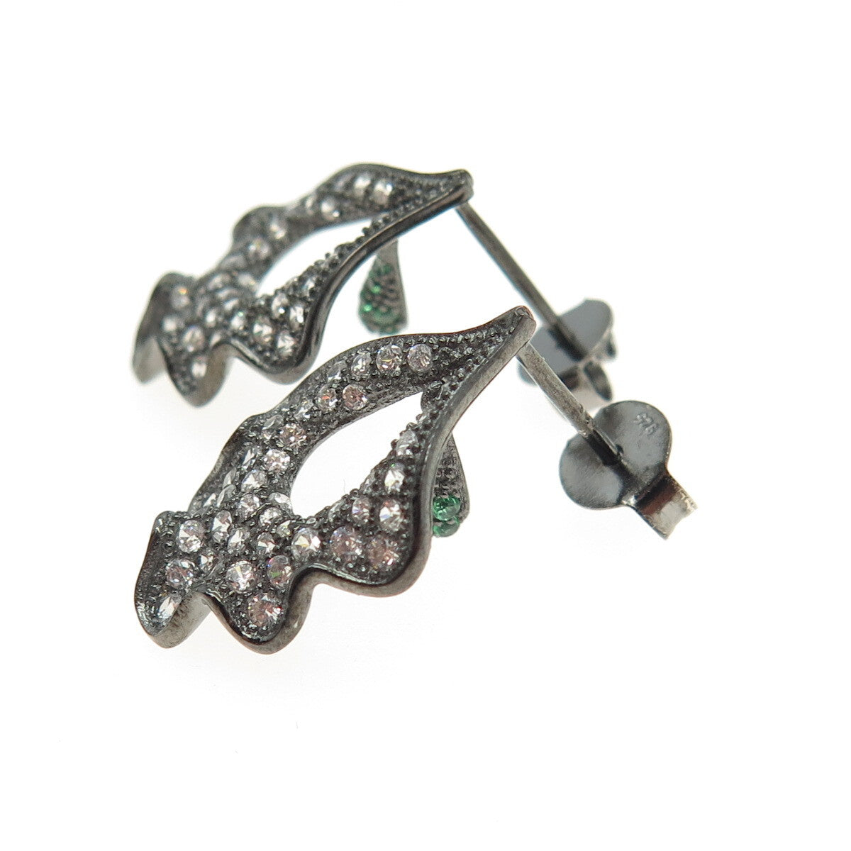 925 Sterling Silver Round-Cut Green & White C Z Leaf Black Rhodium Earrings