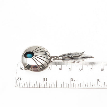 Old Pawn 925 Sterling Silver Vintage Turquoise Shadow Box Feather Slide Pendant