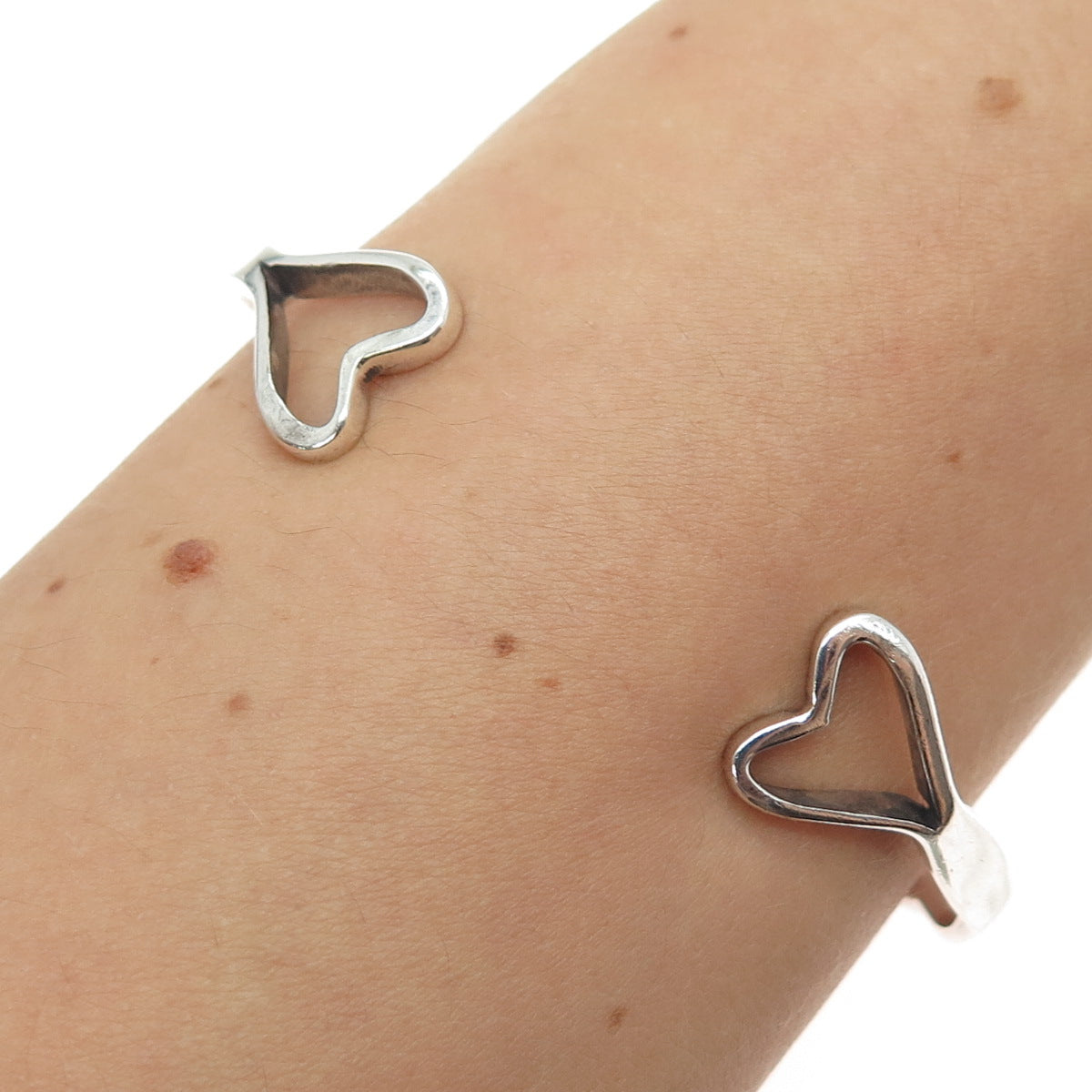 925 Sterling Silver Vintage Modernist Heart Adjustable Cuff Bracelet 6.5"
