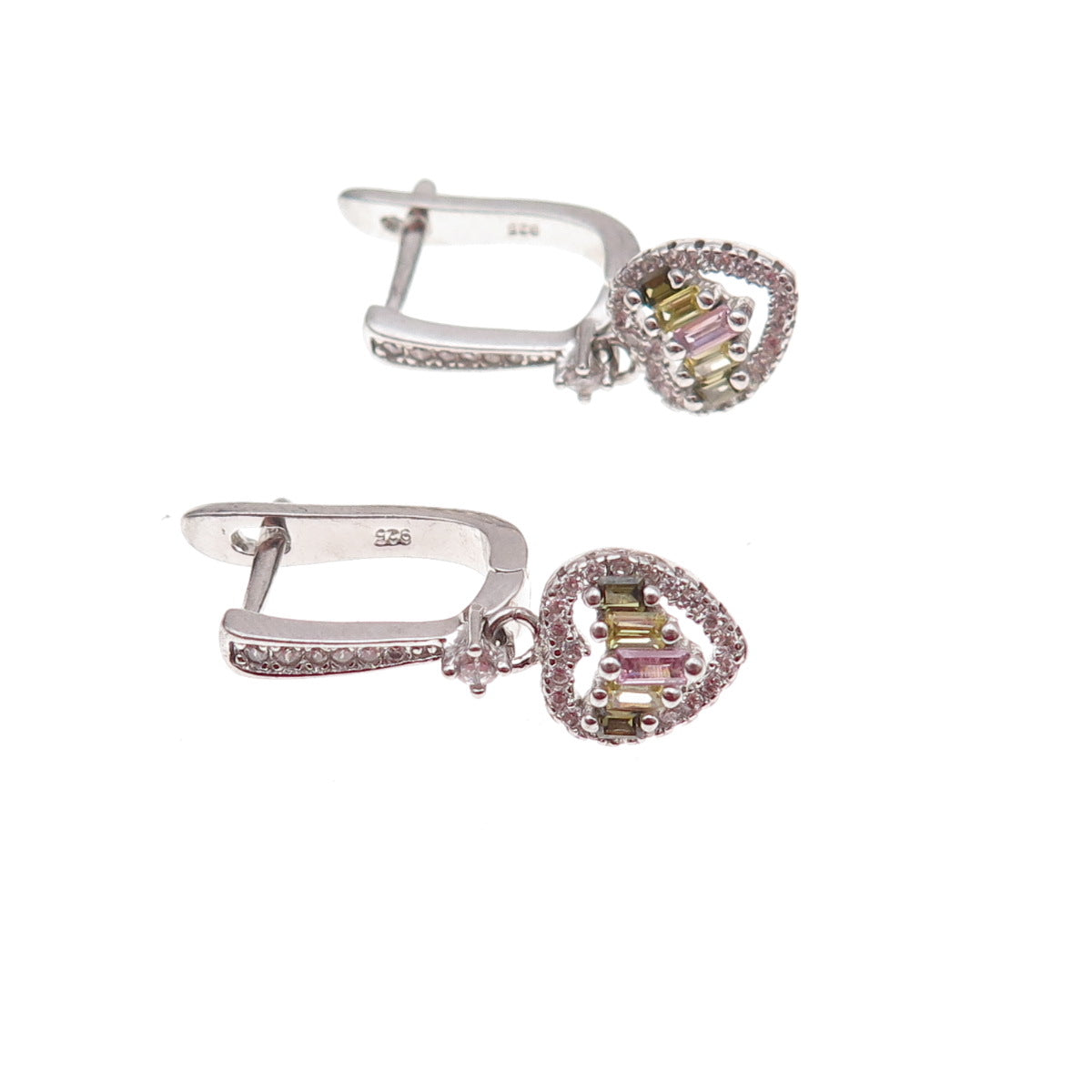 925 Sterling Silver Multi-Color C Z Heart Dangle Earrings
