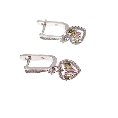925 Sterling Silver Multi-Color C Z Heart Dangle Earrings
