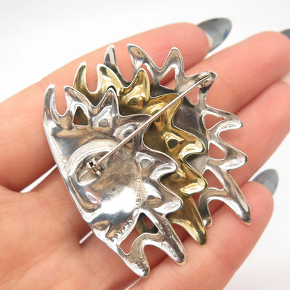 925 Sterling Silver 2-Tone Vintage Mexico Triple Sun Face Pin Brooch