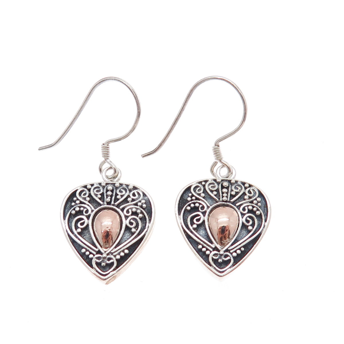 925 Sterling Silver 2-Tone Vintage Granulated Heart Oxidized Dangle Earrings