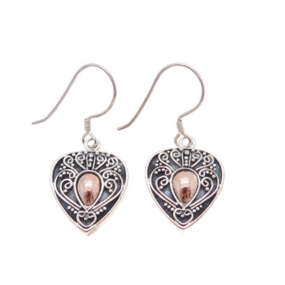 925 Sterling Silver 2-Tone Vintage Granulated Heart Oxidized Dangle Earrings