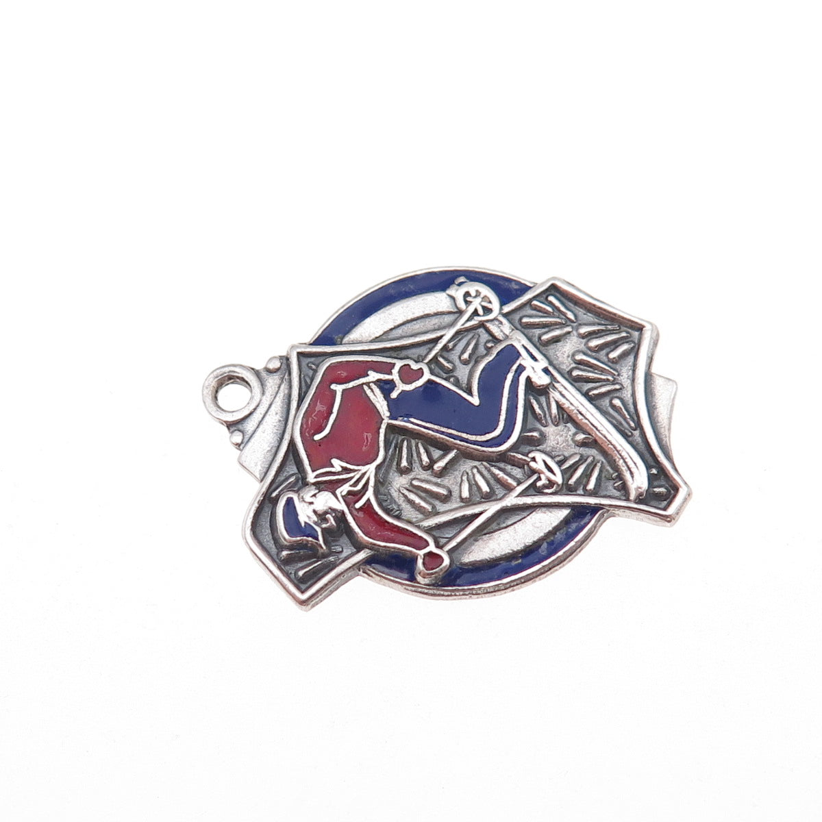 925 Sterling Silver Vintage Enamel Downhill Skier Oxidized Charm Pendant