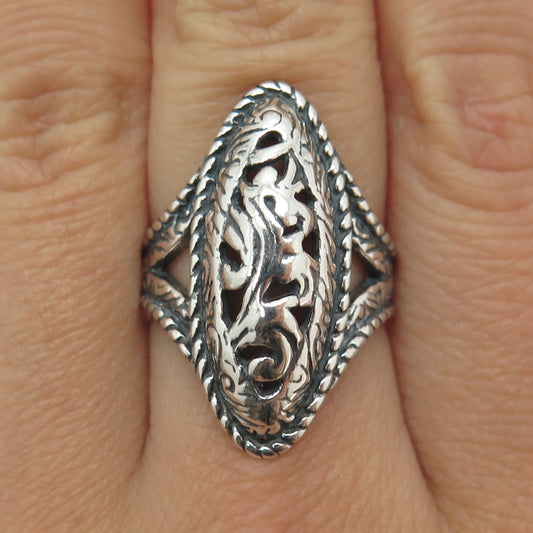 CAROLYN POLLACK 925 Sterling Silver Vintage Floral Swirl Oxidized Ring Size 7