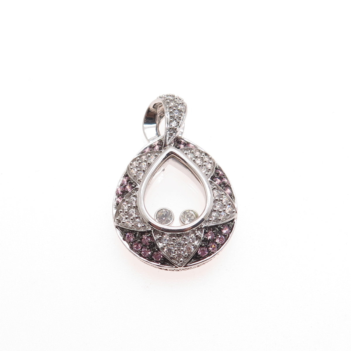 MEDA 925 Sterling Silver Round-Cut Pink & White C Z Teardrop Charm Pendant