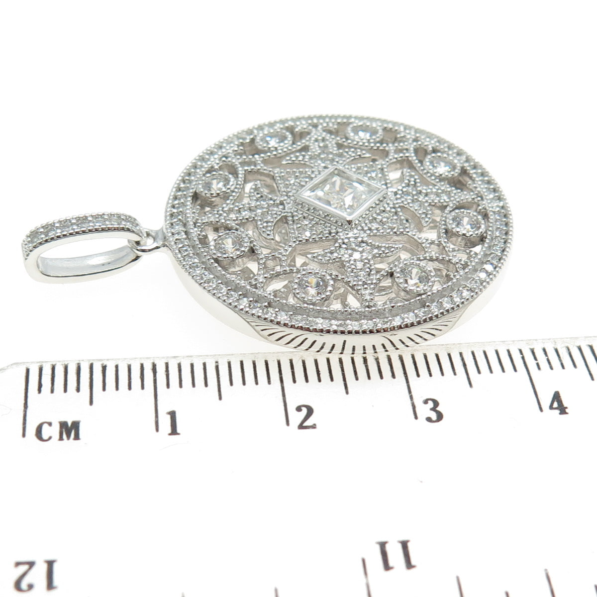 925 Sterling Silver Pave C Z Fleur-de-Lis Round Pendant