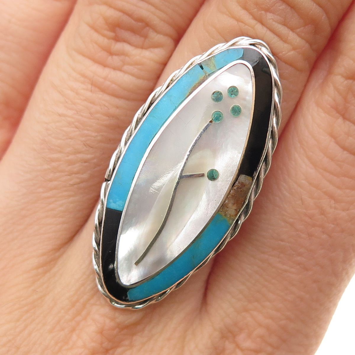Old Pawn Sterling Silver Vintage Southwestern Turquoise Onyx MOP Ring Size 6.25
