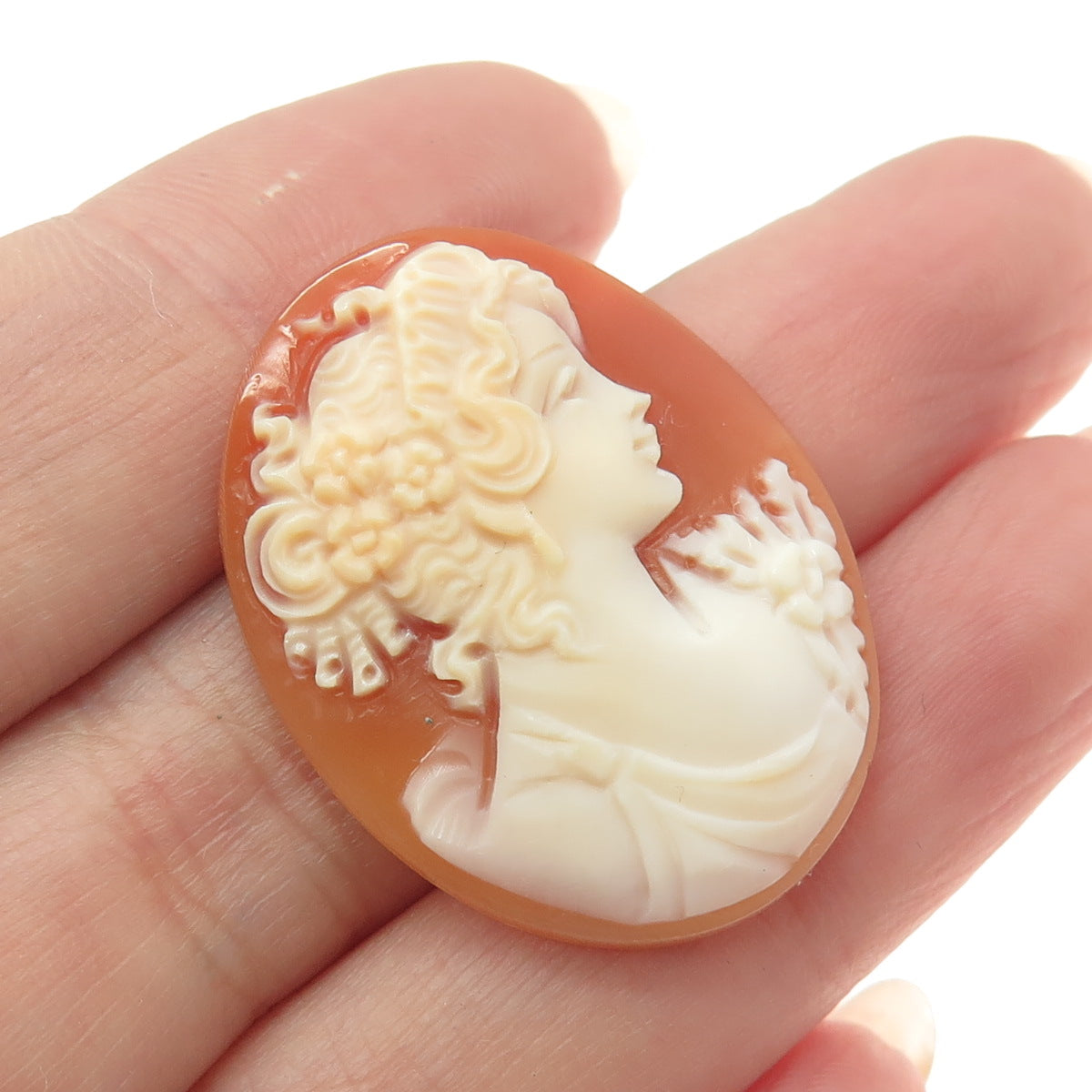 Antique Victorian Real Carved Mother-of-Pearl Floral Lady Cameo