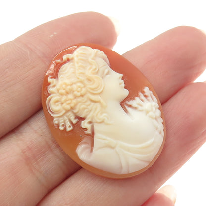 Antique Victorian Real Carved Mother-of-Pearl Floral Lady Cameo