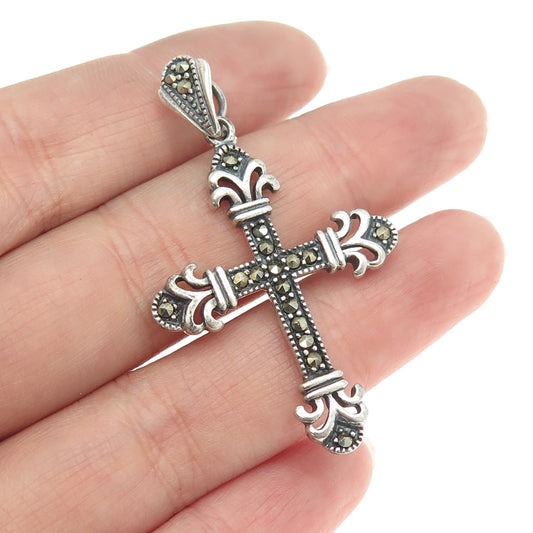 925 Sterling Silver Vintage Real Marcasite Gemstone Cross Pendant