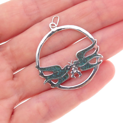 925 Sterling Silver Vintage Real Turquoise Inlay Two Swallow Birds Charm Pendant