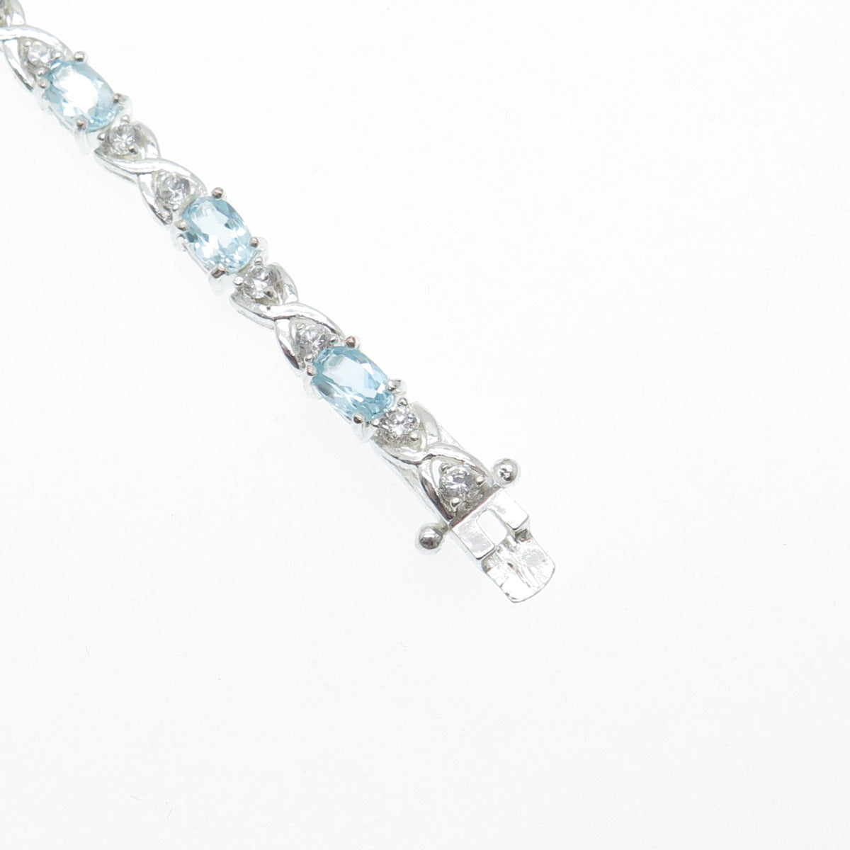 925 Sterling Silver Real Blue Topaz Gemstone & C Z XO Tennis Link Bracelet 6.75"