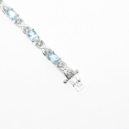 925 Sterling Silver Real Blue Topaz Gemstone & C Z XO Tennis Link Bracelet 6.75"