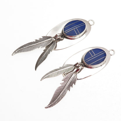 Old Pawn 925 Sterling Silver Vintage Lapis Feather Tribal Dangle Jacket Earrings