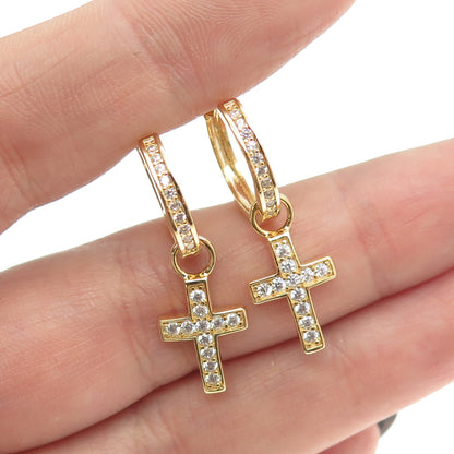 925 Sterling Silver Gold Plated Round-Cut C Z Cross Dangling Charm Hoop Earrings