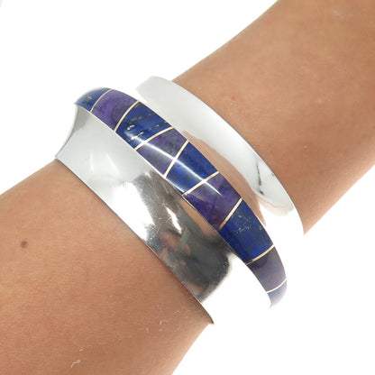 Old Pawn 925 Sterling Silver Vintage Sugilite & Lapis Solid 82.7g Bracelet 6.75"