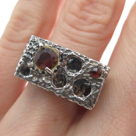 925 Sterling Silver 2-Tone Vintage Real Garnet Modernist Oxidized Ring Size 5