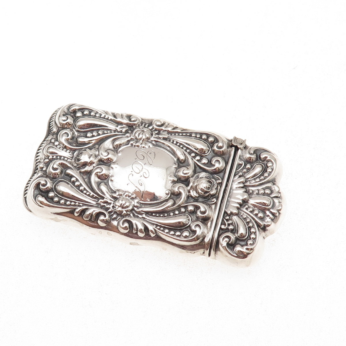 925 Sterling Silver Antique Art Deco Engraved Mono Repousse Vesta Match Case