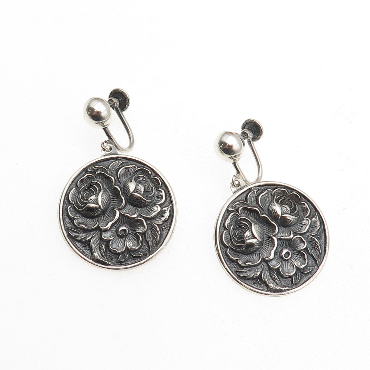 925 Sterling Antique Art Deco Floral Repousse Oxidized Screw Back Earrings
