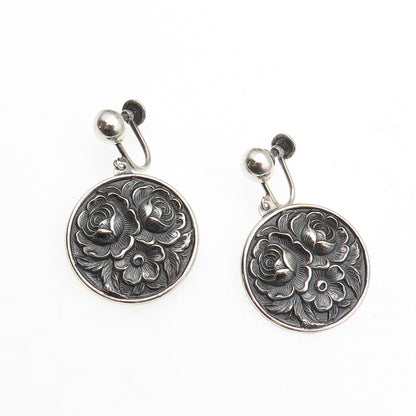 925 Sterling Antique Art Deco Floral Repousse Oxidized Screw Back Earrings