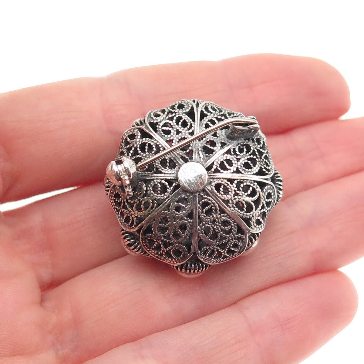 800 Silver Antique Art Deco Floral Filigree Cannetille Oxidized Pin Brooch