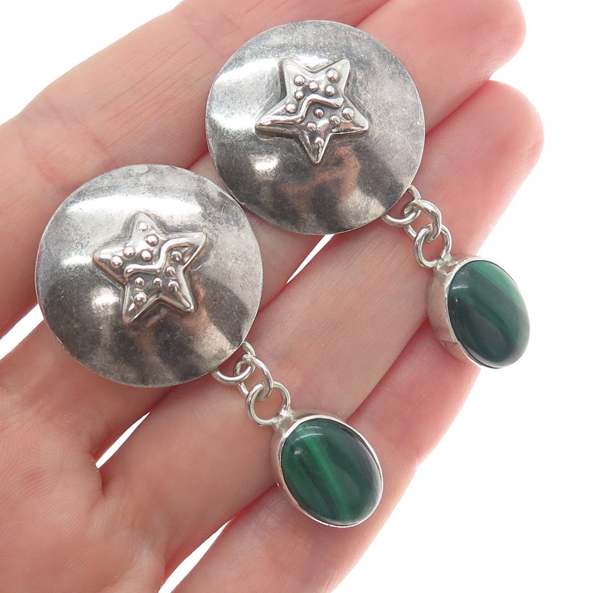 CAROL FELLEY Sterling Silver Vintage 1991 Real Malachite Star Dangle Earrings