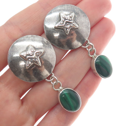 CAROL FELLEY Sterling Silver Vintage 1991 Real Malachite Star Dangle Earrings