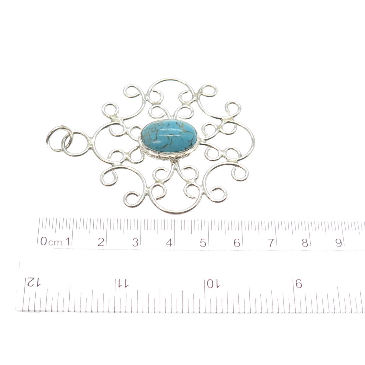 925 Sterling Silver Vintage Faux Turquoise Ornate Swirl Pendant