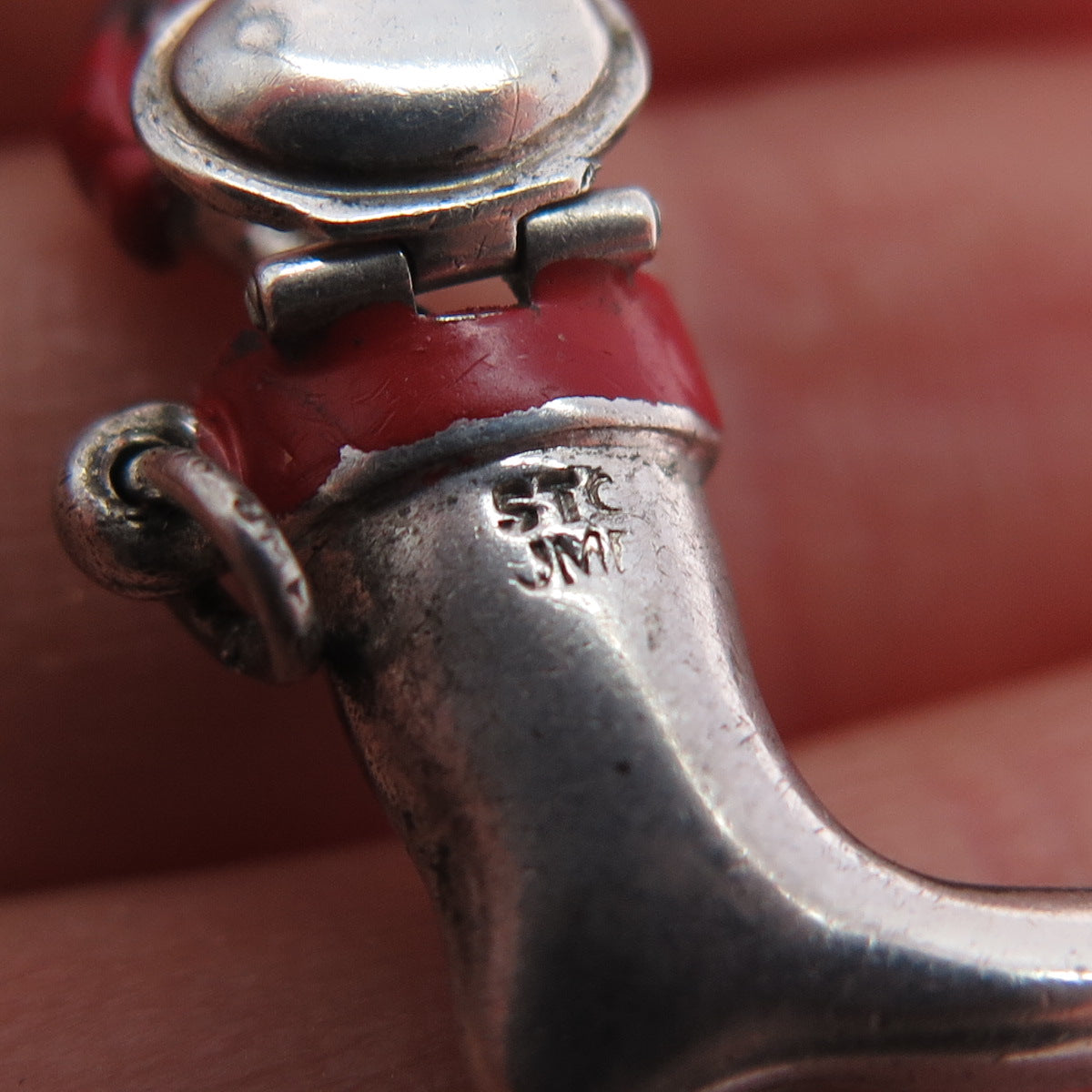 J.M. Fisher 925 Sterling Silver Antique Art Deco Enamel Santa Stocking Pendant