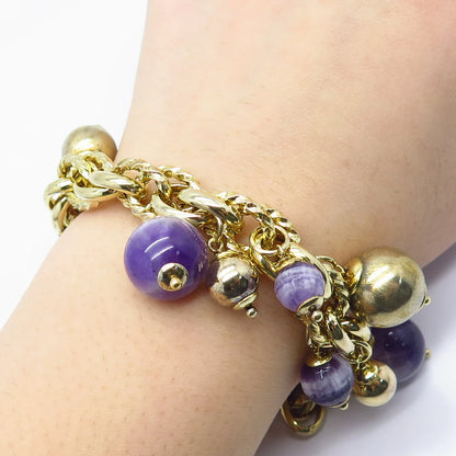 925 Sterling Silver Vintage Italy Real Amethyst Gem Beaded Link Bracelet 6.75"