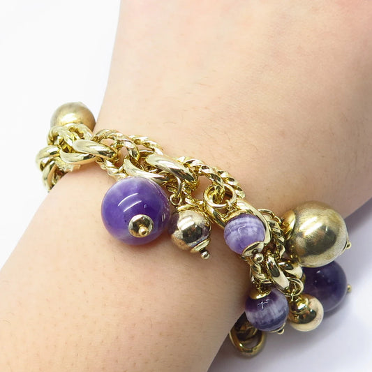 925 Sterling Silver Vintage Italy Real Amethyst Gem Beaded Link Bracelet 6.75"