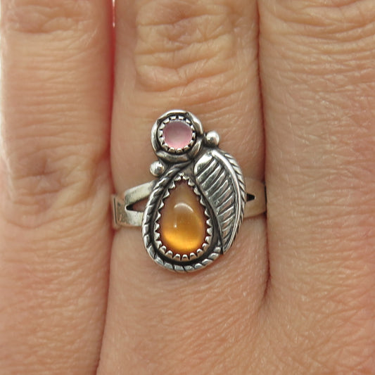 WHEELER MFG CO Old Pawn Sterling Silver Vintage Amber & MOP Feather Ring Size 6