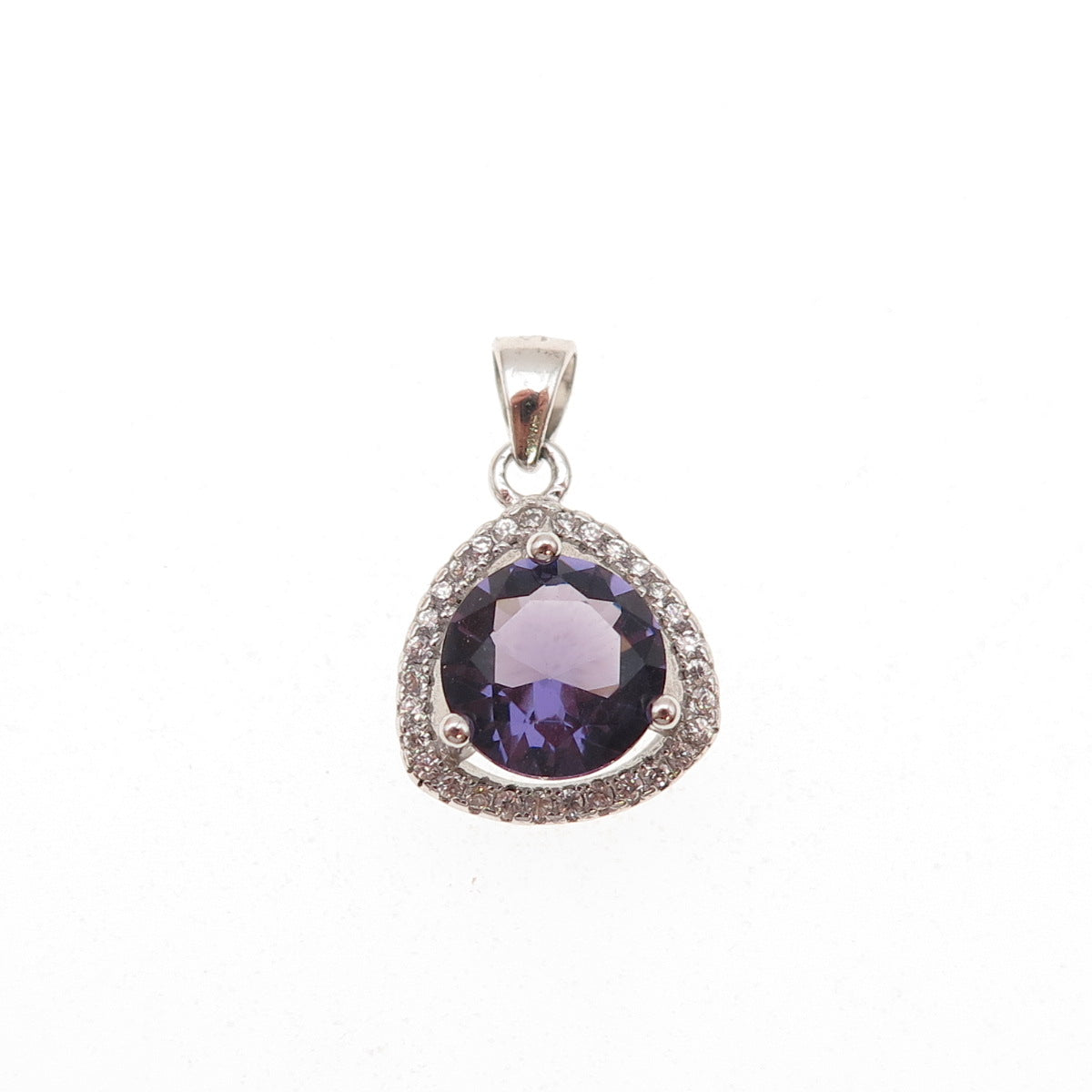 925 Sterling Silver Vintage Real Amethyst & C Z Charm Pendant