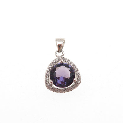 925 Sterling Silver Vintage Real Amethyst & C Z Charm Pendant