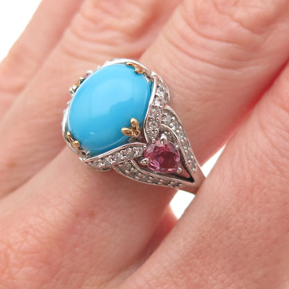 925 Sterling 2-Tone Real Turquoise Pink Amethyst White Topaz Ring Size 8.25