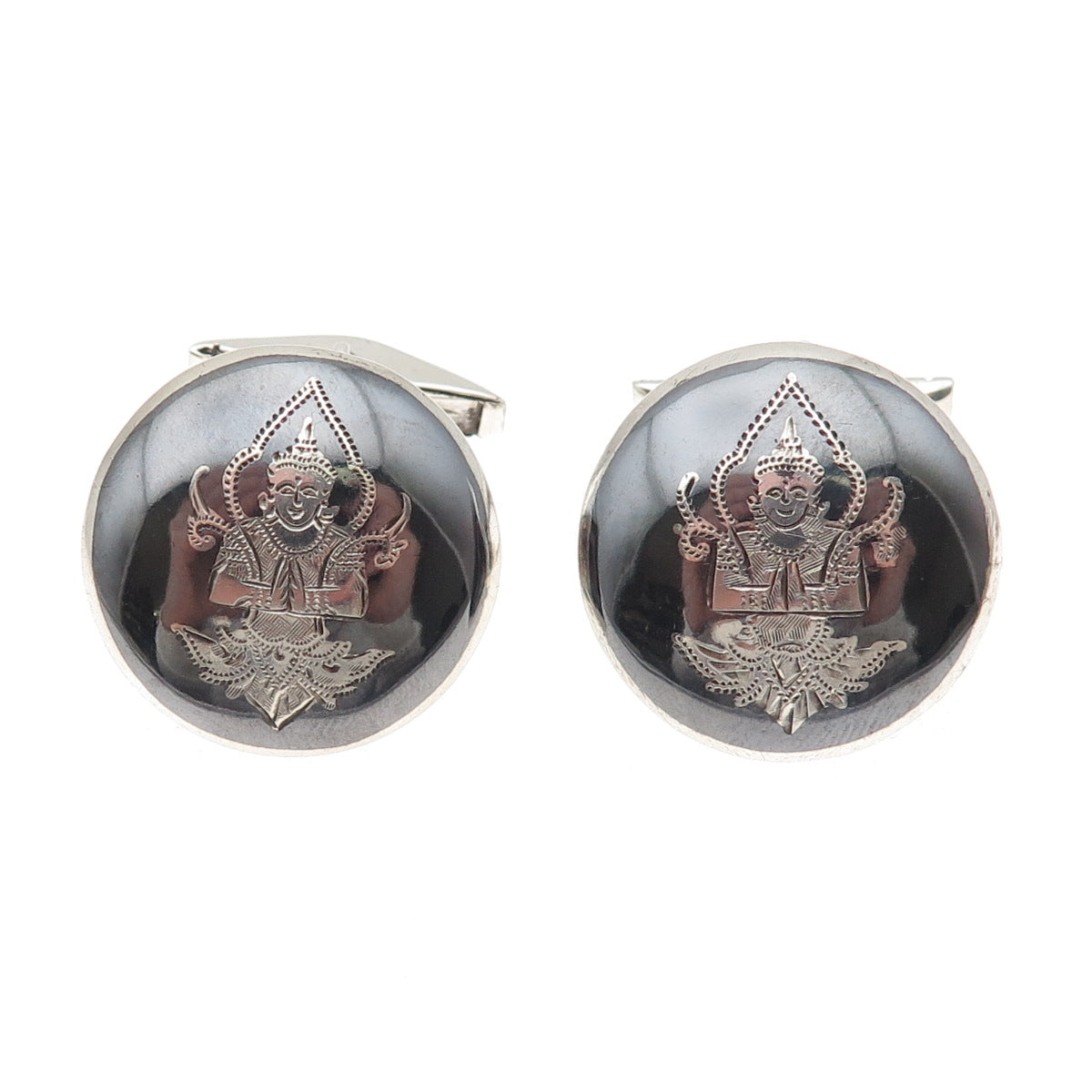 925 Sterling Silver Vintage Niello Hindu Goddess Cufflinks