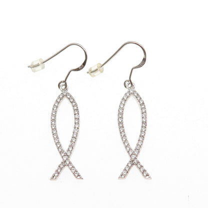 925 Sterling Silver Round-Cut C Z Pisces Zodiac Sign Dangle Earrings