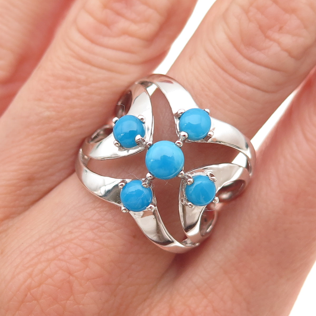 925 Sterling Silver Real Sleeping Beauty Turquoise Floral Ring Size 8.25