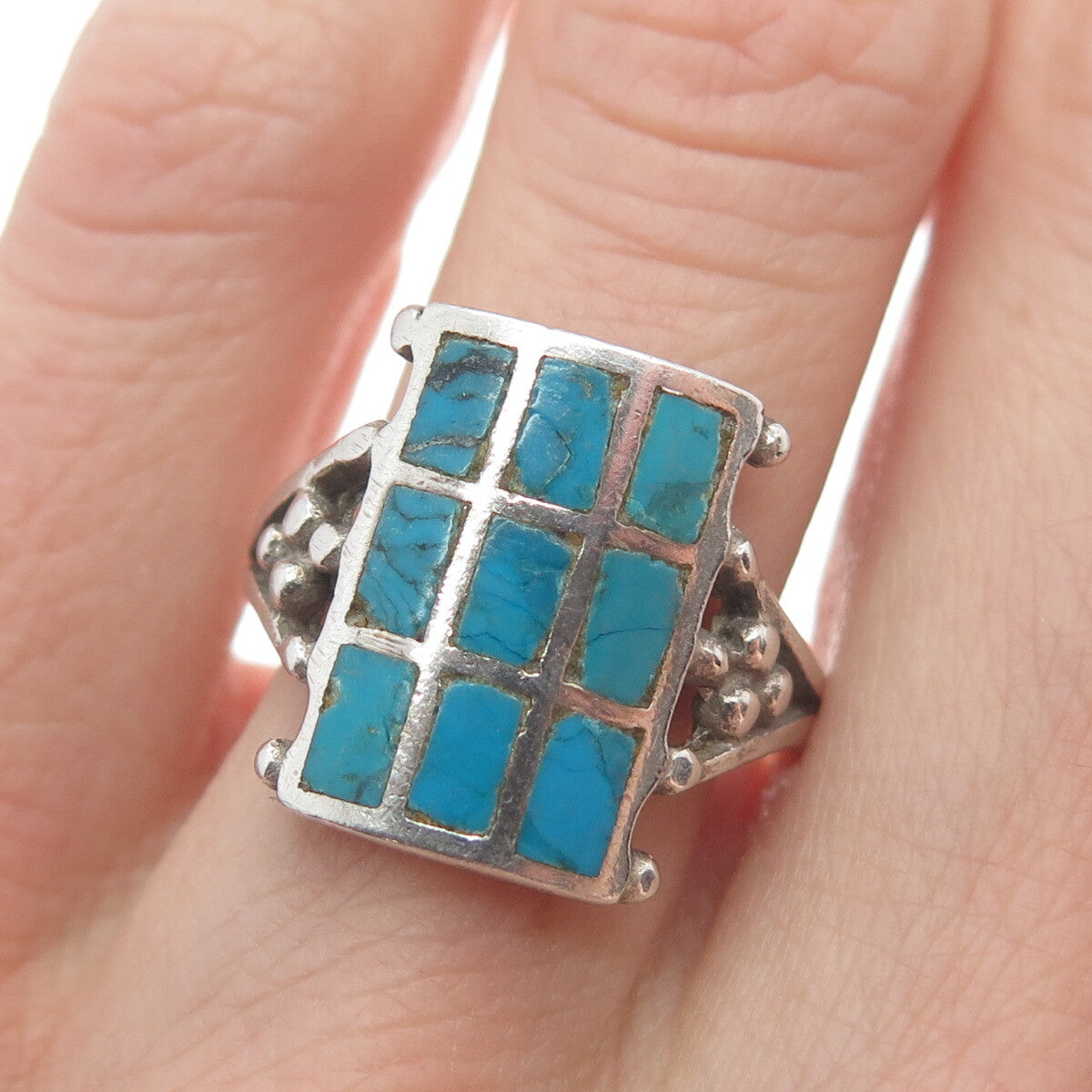 925 Sterling Silver Vintage Bisbee Turquoise Gem Checkerboard Ring Size 7.25