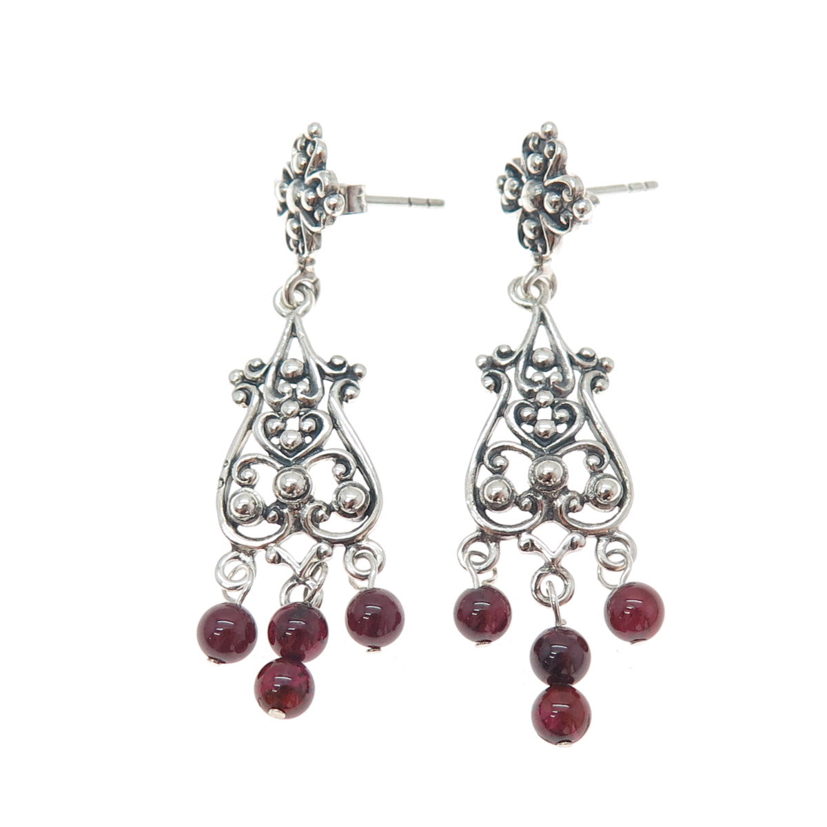 925 Sterling Silver Vintage Tourmaline Flower Beaded Oxidized Dangle Earrings