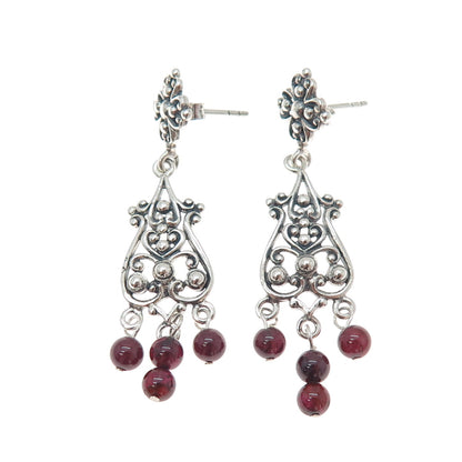 925 Sterling Silver Vintage Tourmaline Flower Beaded Oxidized Dangle Earrings