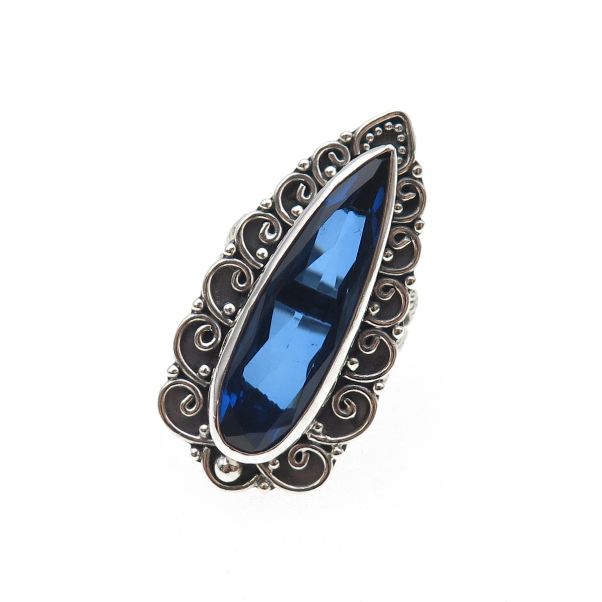 925 Sterling Silver Vintage Pear-Cut Blue C Z Swirl Oxidized Ring Size 7.5