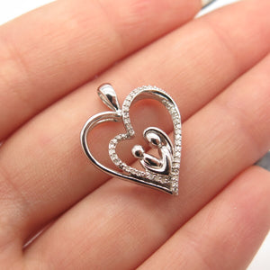 925 Sterling Silver SUN Real White Diamond Mother & Baby Love Heart Pendant